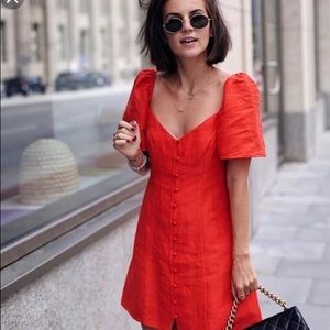 Zara red linen puff sleeve dress